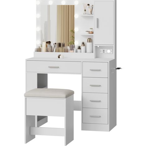 Coiffeuse complète blanche avec miroir à ampoules LED, multiples tiroirs, armoire de rangement et tabouret inclus, dimensions 104,50 × 53,00 × 23 cm (1/2)