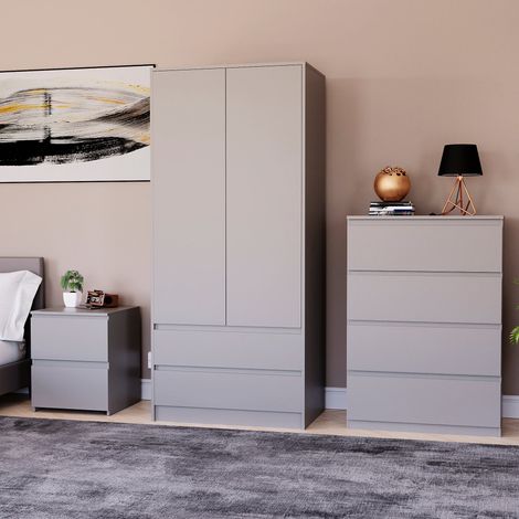 3 Piece Denver Bedroom Set, 2 Drawer Large Bedside Chest, 4 Drawer Chest, 2 Door 2 Drawer Wardrobe, Grey (1/3)