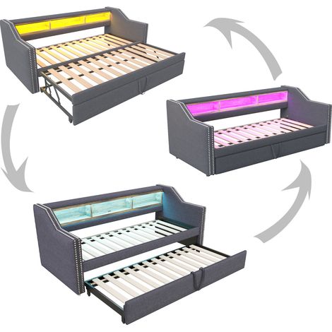 Lit banquette gigogne 90/180 x 190 cm avec LED USB rangements et 2 matelas ressorts (1/5)