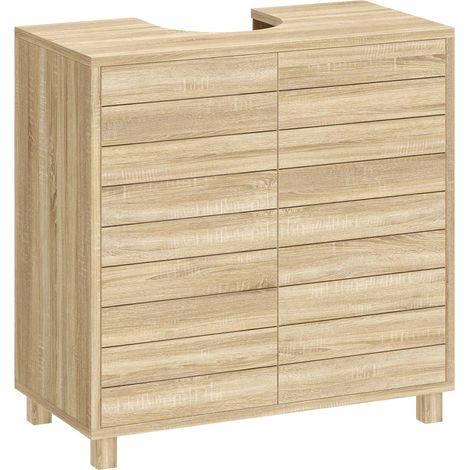 Meuble sous Lavabo, Découpe en Forme U, Portes à Lattes, Étagère Réglable, Ouverture par Pression, 60x30x60cm, Naturel (1/5)