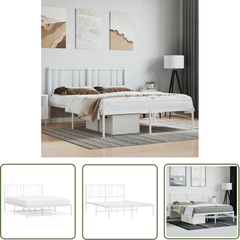 The Living Store Cadre de lit métal sans matelas et tête de lit blanc 160x200 cm - Cadre De Lit - Lit Double - Lit Metal - Lit Blanc - Meuble Chambre (1/5)