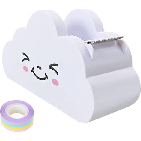 Dévidoir de ruban adhésif - 1 unité - Plastique style nuage - Coupe précise avec lame acier - Bureau école maison - Blanc et arc-en-ciel (1/5)