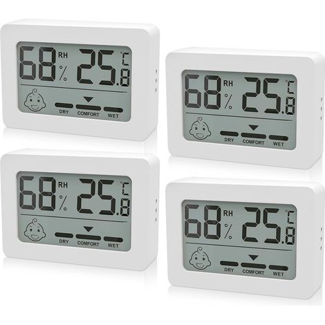 Lot de 4 mini thermomètres/hygromètres numériques d'intérieur avec indicateur smiley, chambre bébé, salon, blanc.