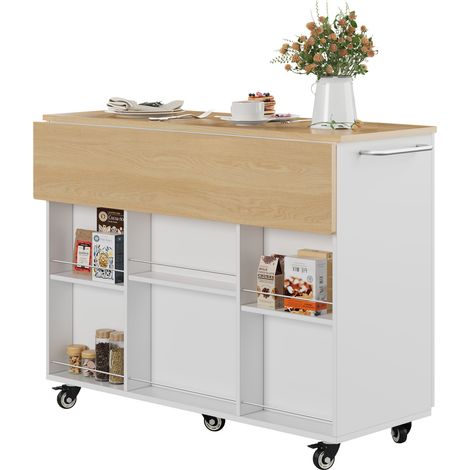 Îlot de cuisine pliant sur roulettes avec plan de travail extensible, tiroir, placards, range-épices, porte-serviettes et rangement latéral, corps blanc, CHICFURN (1/5)