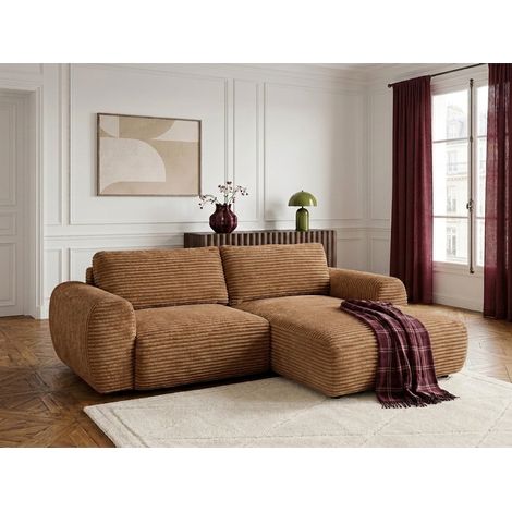 BOBOCHIC - Canapé d'angle compact convertible coffre LUCIEN gros côtelé doux Angle droit Jaune (1/5)