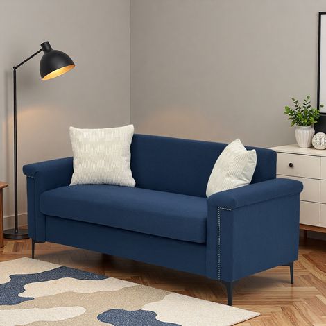 Sofá recto de 2 plazas para salón, estilo escandinavo, madera y metal, 172x72x82 cm, lino azul (1/5)