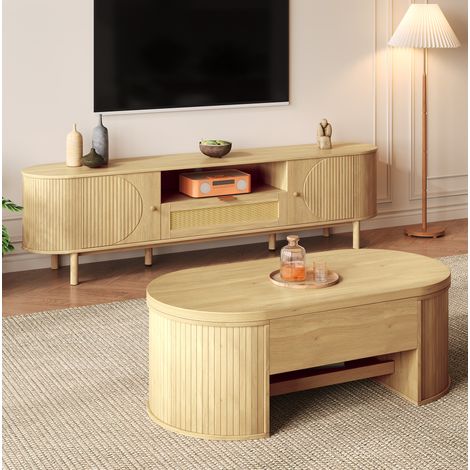 Set mobile TV e tavolino elevabile con contenitore 175 cm, legno naturale, MDF, metallo FloraGrace (1/5)