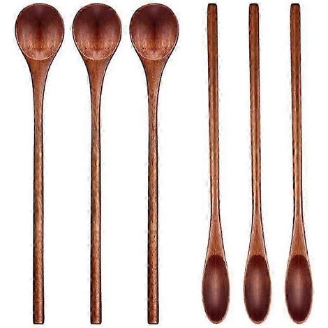 Lot de 6 cuillères à café en bois à long manche, cuillères à mélanger en bois, cuillères à thé manuelles en bois pour la cuisine (1/5)