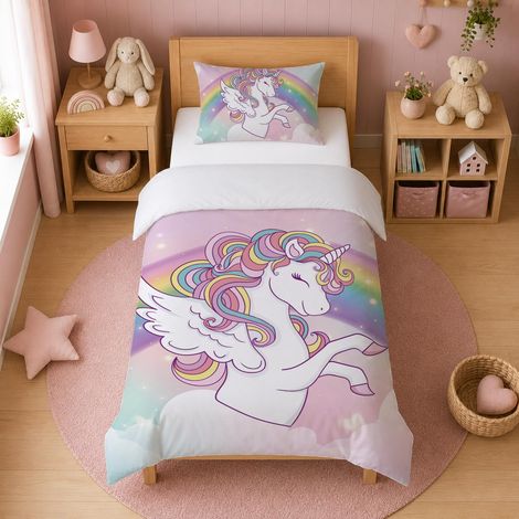 Parure de lit pour enfant en microfibre 100 x 135 cm - Motif licorne rose - Housse de couette et taie d'oreiller 40 x 60 cm - Avec fermeture éclair (1/5)