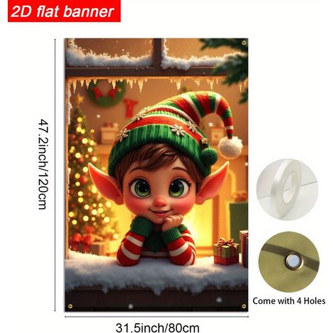 Bannière de Noël à suspendre à la fenêtre, décoration festive, toile de fond bonhomme de neige et Père Noël pour les fêtes de fin d'année - 80 x 120 cm (polyester) - 12