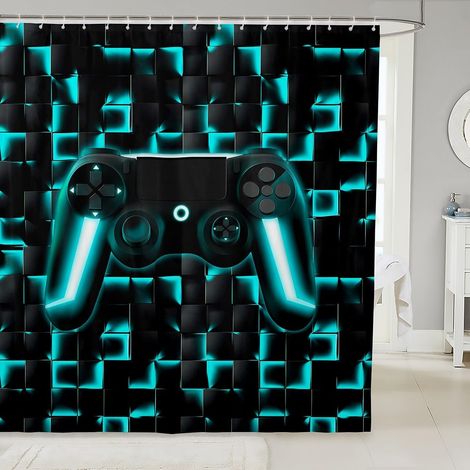 Jeu Rideau Douche 180x200cm Rideau de Douche Garçons Enfants Géométrique Console de Jeu Rideau de Bain Cyan Noir Plaid Poignée de Jeu Rideau de Baignoire Neon Console de Jeu Décoration de Chambre - 18 (1/5)
