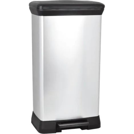 Curver – Poubelle à pédale 50L – Dimensions 39 x 29 x 73 cm – Finition argent – Système Soft Close et anti-odeur – Support de sac caché