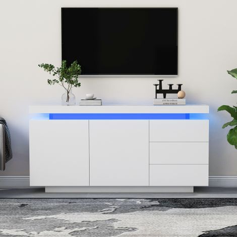 Credenza/mobile moderno per soggiorno, credenza/mobile a sé stante, cassettiera/comò, 2 ante, 3 cassetti, finitura lucida con luce LED, senza maniglie, 140x35x72,5 cm - Bianco