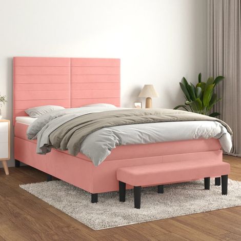 Lit 140 x 200 cm avec sommier à lattes, matelas et banc, velours rose, tête de lit réglable, 78.26kg - PANGIVO (1/5)