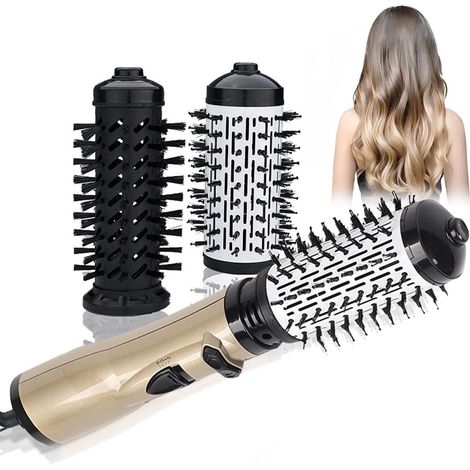 Styler à air chaud et sèche-cheveux rotatif 3-en-1, 2 brosses interchangeables, brosse coiffante chauffante à rotation automatique (Doré)