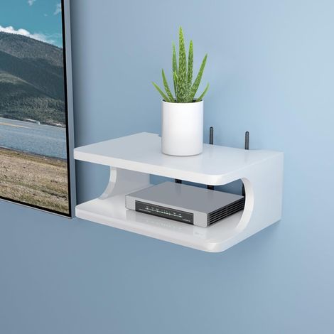 Routeur WiFi Boîte de Rangement Étagères Étagère pour Décodeur Etagere Murale TV Etagere Flottante Murale Multicouche Planche Bois Etagere Meuble Mural pour Console Set-Top Box/WiFi/DVD (Blanc) (1/4)
