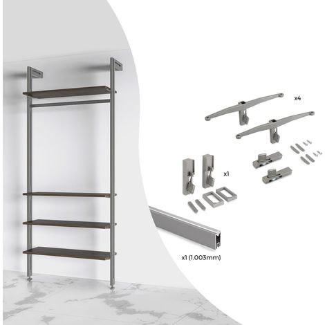 Emuca Set aus Bracket set für 4 Holzböden und 1 Hängestange 1m lang Zero, Aluminium und Zamak und Kunststoff, Steingrau lackiert (1/5)