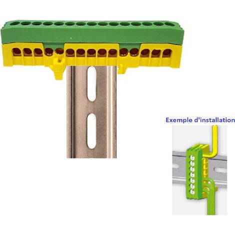 Bornier Barrette Vert-jaune isolée A VIS - 63A - 15 trous ( 15x16 mm² ) montage rail din
