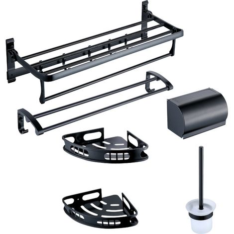 Bathroom towel rack (no drilling required), bathroom space aluminum hanging rack, towel bar, bathroom accessories - black lacquered five-piece set