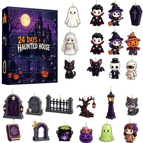 Halloween-Überraschungsbox „Spukhaus“, Halloween-Adventskalender-Überraschungsbox, Geschenkset mit Acryl-Anhänger für den Weihnachtsbaum, 2D-Flachanhänger (1/5)