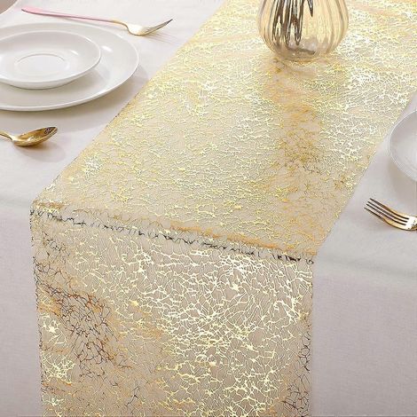 Chemin de table rectangulaire en rouleau, doré et pailleté, composé de 3 pièces. (1/5)