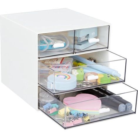 Organizador de escritorio con cuatro cajones, caja de almacenamiento de plástico transparente para material de oficina, clips cargadores (blanco (1/5)