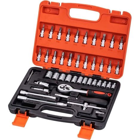 Jeu de Douilles 1/4" 46 Pièces, Outils Mecanique Entraînement Métrique 4-14mm avec Clé à Cliquet à Dégagement Rapide 24 Dents, Barres d\'Extension, Joints Universels et Embouts (1/5)