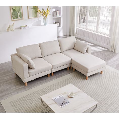 Canapé nordique d’angle 3 places avec tabouret 235×152×78 CM – Canapé en forme de L beige en polyester et pieds en bois massif pour le salon moderne
