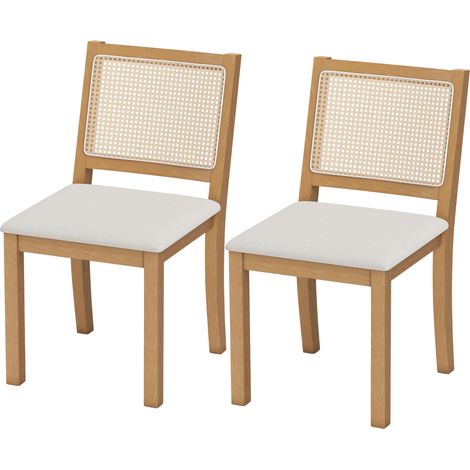 Lot de 2 chaises de salle à manger, chaises de cuisine avec assise rembourrée, dossier effet rotin, crème et chêne (1/5)