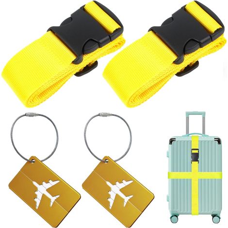 Sangles de Bagage Réglables avec Boucle (2 pièces), avec 2 étiquettes à Bagage, pour Voyager en Toute sécurité en Avion Bagages Fixes Les Sports, 5 x 200cm, Jaune
