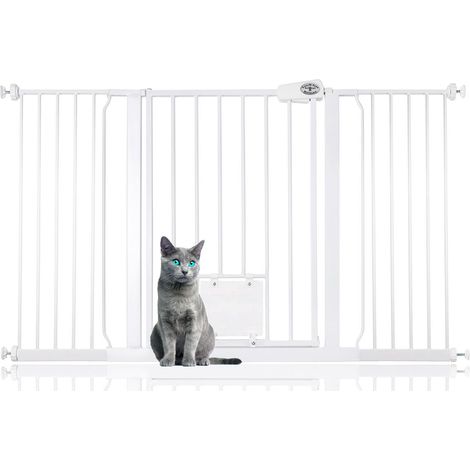 Bettacare Pet Gate with Lockable Cat Flap, 139.8cm - 147.4cm, White, 75cm in Height, Dog Safety Barrier with Cat Flap