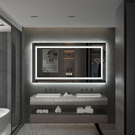 Luvodi – Miroir lumineux de salle de bain 100 x 60 cm – Anti-buée – Éclairage à capteur tactile – Étanche IP44 – Verre HD 5mm (1/5)