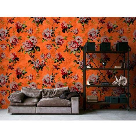Papier peint panoramique fleuri coloré Tapisserie panoramique orange pour salle à manger Papier peint panoramique roses vintage (1/3)