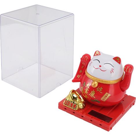 Dicke rote Katze, die mit der Pfote winkt, solarbetrieben, Glücksbringer und Symbol für Reichtum, Dekoration für Zuhause, Büro oder Arbeitszimmer (große Größe). (1/5)