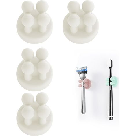 Lot de 4 Supports de Brosse à Dents en Silicone Multifonction pour Rasoir et Brosse à Dents,Étanche,Auto-adhésif,pour Suspendre la Salle de Bain (Blanc 4 pcs) (1/5)