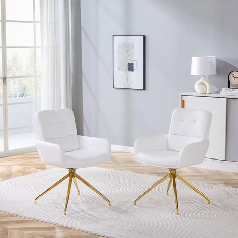 [Lot de 2] Chaise pivotante européenne au design luxueux et léger : revêtement PU blanc + pieds en métal doré, pivotement à 360°, lot de 2 pour salles à manger / espaces de détente. (1/5)