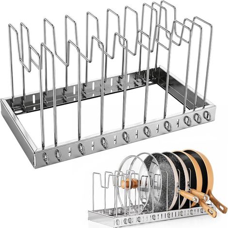 Organiseur Extensible pour Couvercles et Poêles, Rangement Couvercle Casserole avec Séparateurs Réglables, Support en Acier Inoxydable pour Couvercles pour Tiroir Cuisine (1/4)