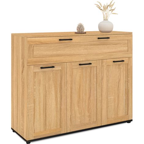Idmarket – Buffet 100 cm 3 portes et 1 tiroir – Structure panneaux de particules – Coloris bois et poignées noires – Dimensions compactes 100x34x80 cm