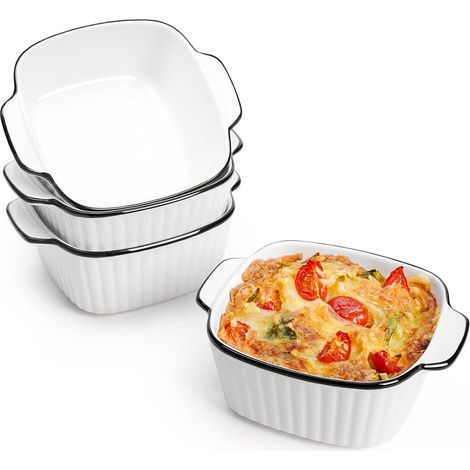 Set aus 4 quadratischen Keramik-Auflaufformen à 400 ml (14,5 x 11,5 x 5,5 cm), kleine Auflaufformen für die Fritteuse, mit Griffen. (1/3)