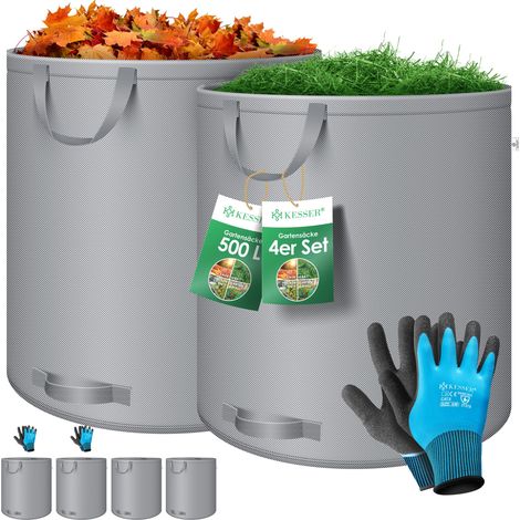 KESSER® Gartensack Set Laubsack Gartenabfallsack inkl. Handschuhe - Selbststehend 4 Griffe Stabil Robust & Faltbar - Laubsäcke Rasenschnitt Gartensäcke Grau / 4x 500 Liter