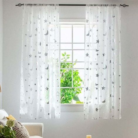 Tende semitrasparenti per finestra, lunghe 1 m, per la camera da letto di una bambina, con un grazioso motivo a luna e stelle, tende in tulle trasparente, 2 pannelli, 1 m x 1,3 m
