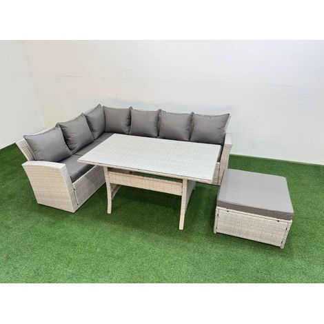 Fimous 7 Seater Rattan Garden Furniture Set Outdoor Patio Dining Corner Sofa Sets with Dining Table Big Footstool Light Grey Mixed (1/5)