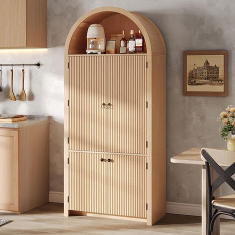 Hoher Küchenschrank 180 cm mit Bogen Design, Aufbewahrungsschrank mit Regalen, 4 Türen und offener Ablage oben, rustikaler Stil - Natur (1/5)