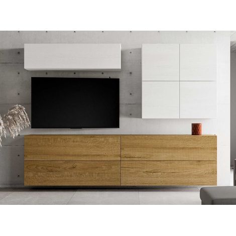 Meuble TV mural blanc et chêne naturel Isika L 308cm - 9 pièces (1/2)