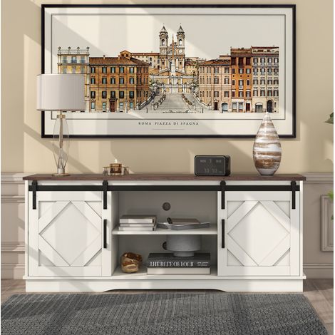 Mueble para TV de tablero de partículas marrón y blanco 150 x 40 x 60 cm con puertas correderas y estantes ajustables (1/5)