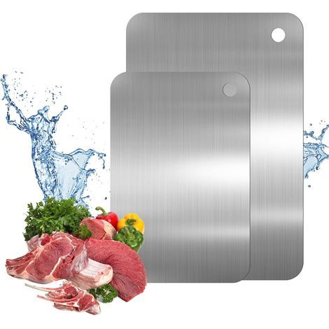 2-teiliges Schneidebrett-Set aus Titan, 30 x 19,5 cm und 23,5 x 14,5 cm, lebensmittelecht, beidseitig aus Edelstahl, multifunktionales, antibakterielles Titan-Schneidebrett für Fleisch, Obst und Gemüs (1/5)