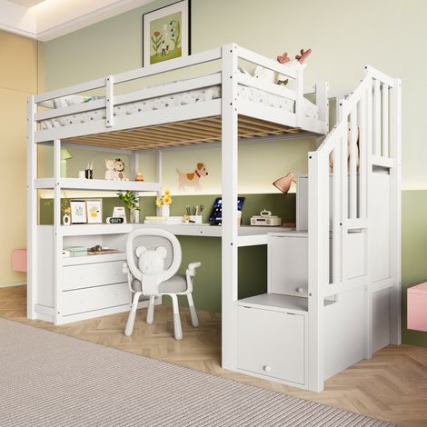 Hochbett 90 x 200 Cm Mit Schreibtisch, 2 Schubladen Und Stauraumleiter, Ohne Matratze, Aus Kiefernholz, Weiß