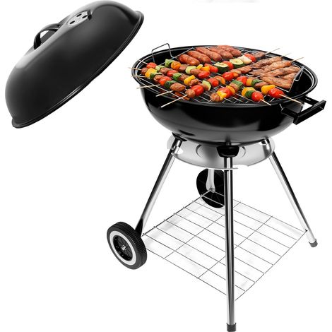 1 Barbecue Charbon De Bois, Rond 47cm, Grille Chromée, Couvercle Émail, Roues, Jardin Camping (1/5)