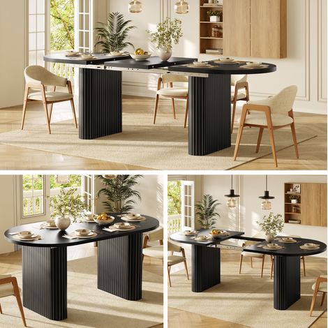 Ausziehbarer Esstisch 120-160cm, ovaler Holztisch mit vertikaler Struktur, belastbar bis 60kg, 3 Farben Naturholz, Braun, Schwarz – Flexible Größenverstellung Die Tischplatte lässt sich, Robuste Konst (1/5)