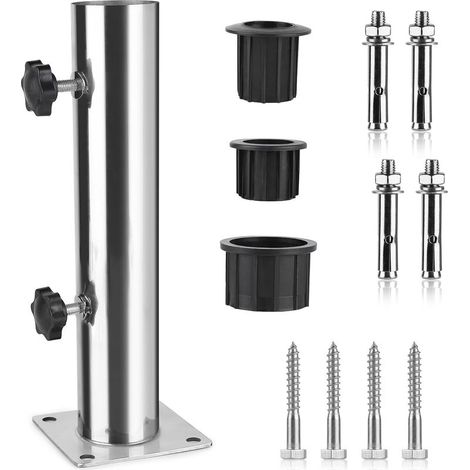 Pied de parasol en acier inoxydable réglable – 3 anneaux réducteurs PVC 32/38/48mm – 8 clous en acier pour fixation – Hauteur 30 cm (1/5)